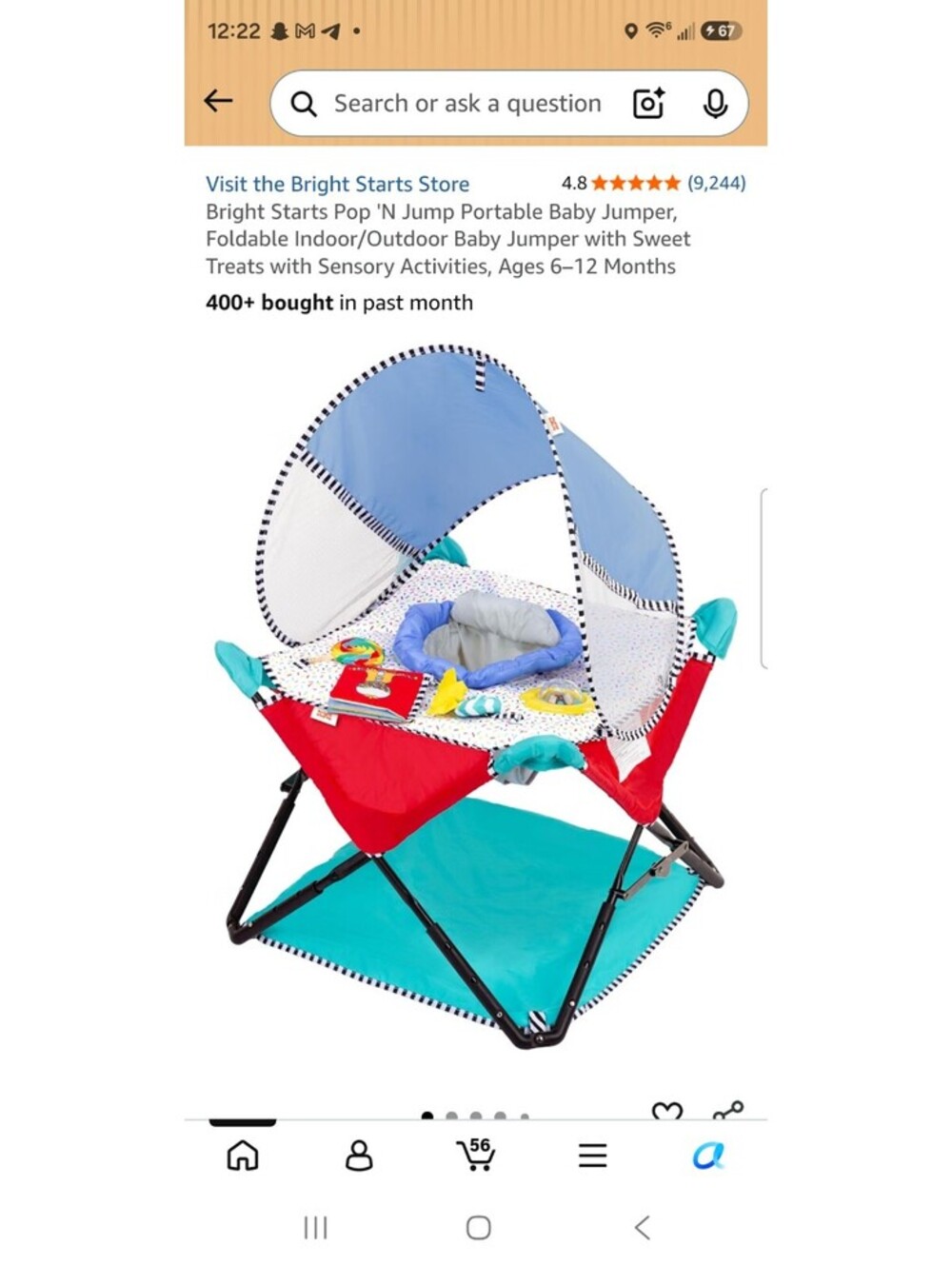 Bright Starts Pop 'N Jump Portable Baby Jumper Foldable Indoor/Outdoor with Toys